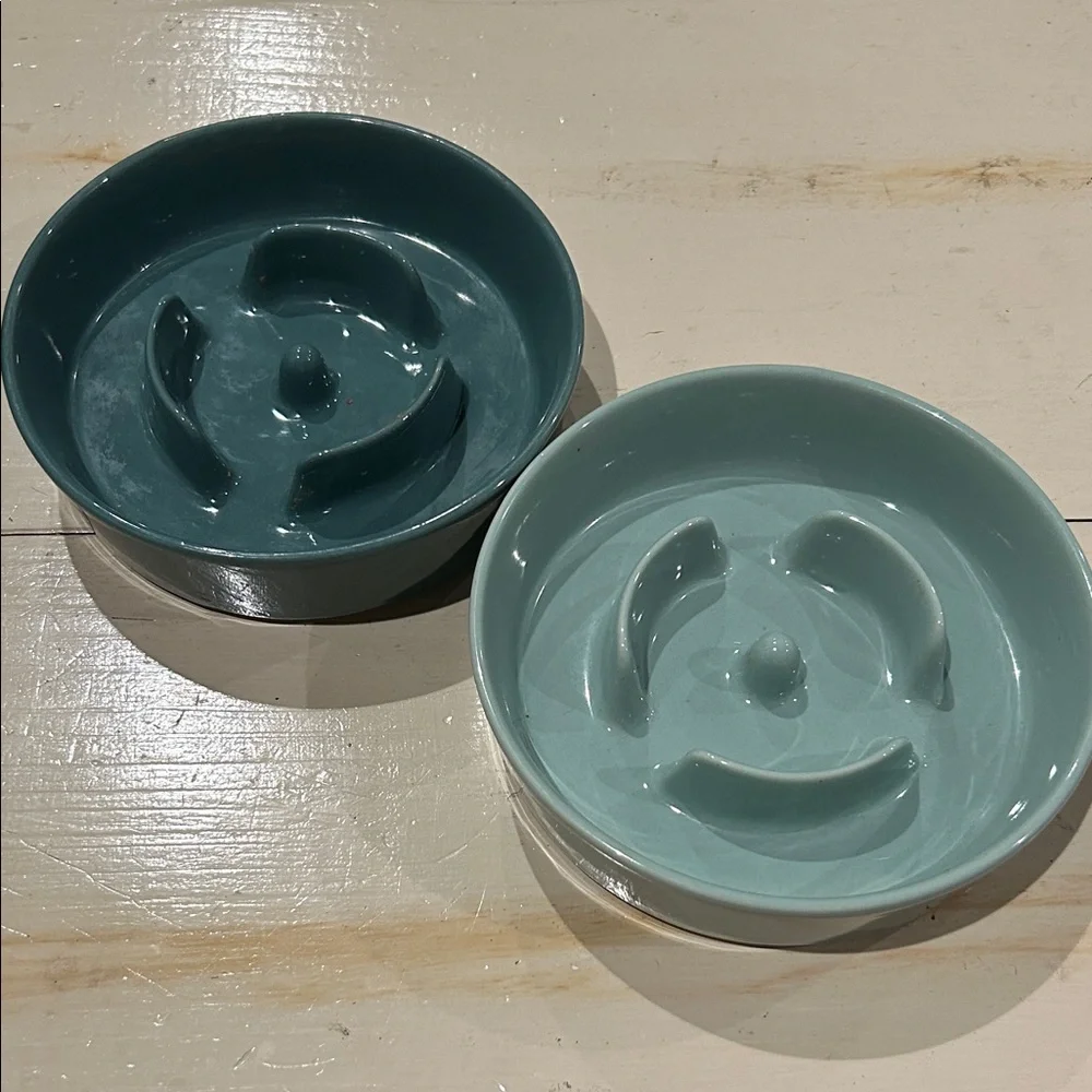 Set of Two Green Slow Feeder Pet Bowls